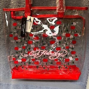 NWT Ed Hardy Clear Tote with Red Cherry Print and Red Trim